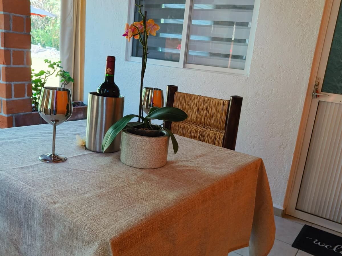Mesa en la terraza con orquídea, hielera con vino tinto y dos copas